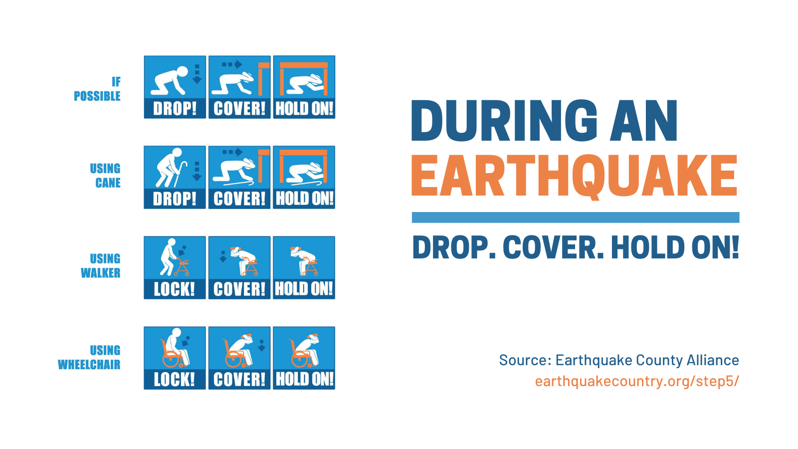 During an earthquake, drop, cover, and hold on.
