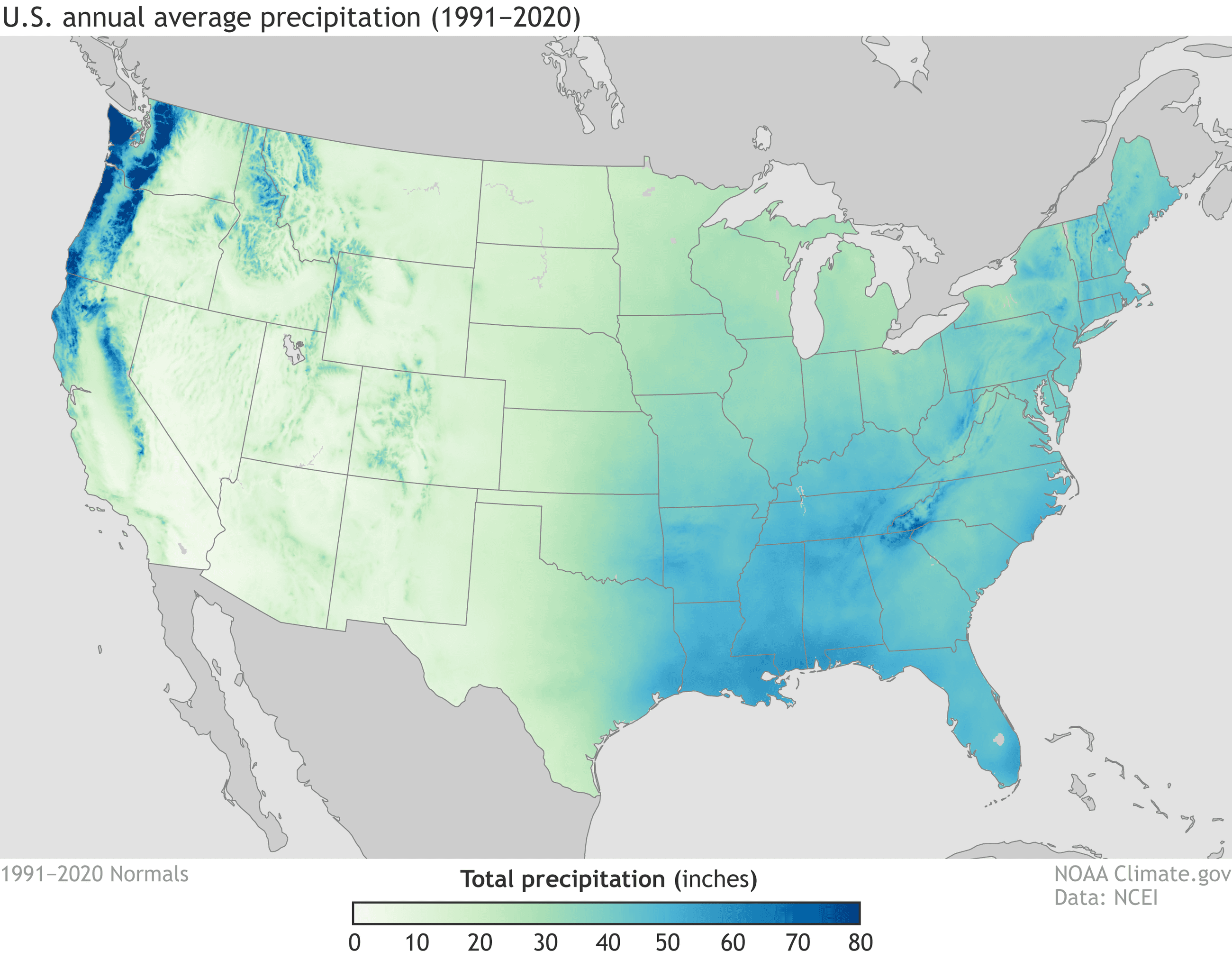 Map of annual U.S. precipitation 1991-2020.
