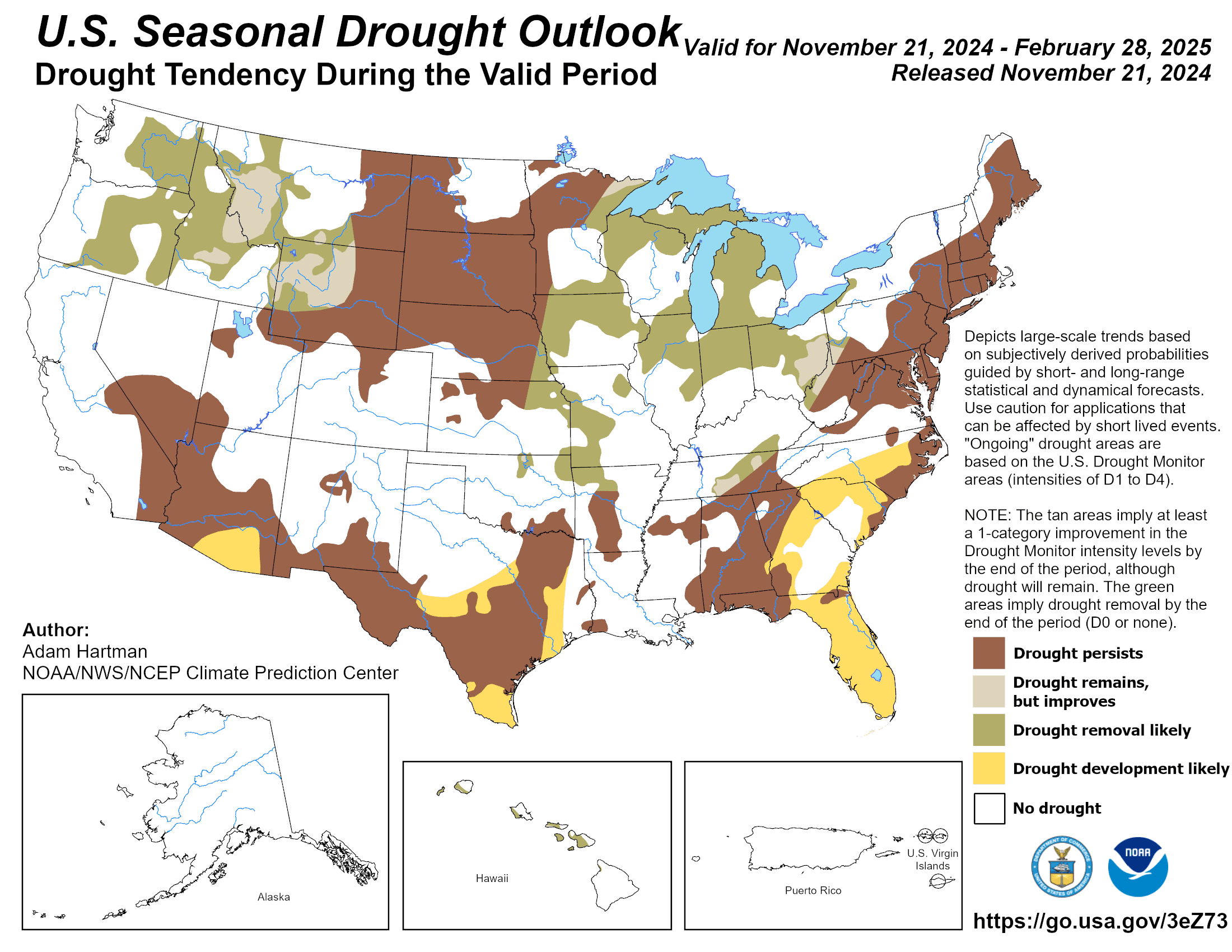 US Map showing the seasonal drought outlook using various colors. TN should improve.